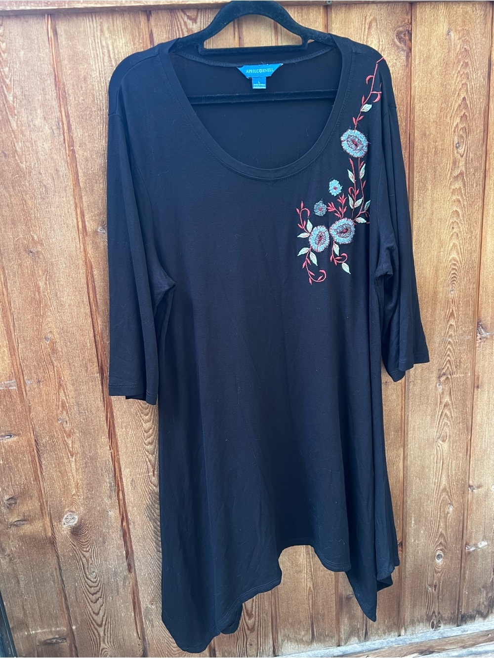 April Cornell Simone Jersey Tunic Size L Embroidered Floral Waterfall Hem